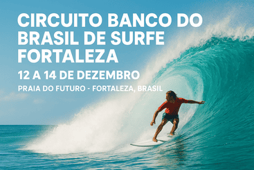 imagem em formato paisagem mostrando um surfista dentro de um tubo de onda azul na Praia do Futuro, em Fortaleza. No canto esquerdo, aparece o texto promocional do evento 