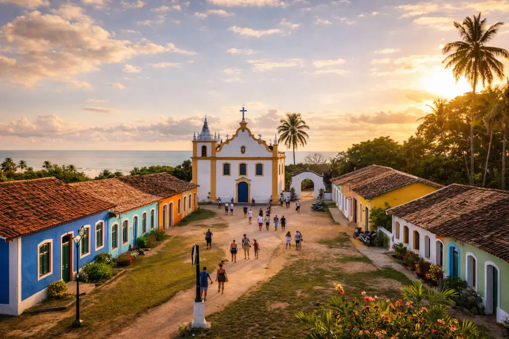 Centro Histórico (Cidade Alta) de Porto Seguro, Bahia, com a Igreja de Nossa Senhora da Pena, casas coloniais coloridas e vista para o mar ao pôr do sol.