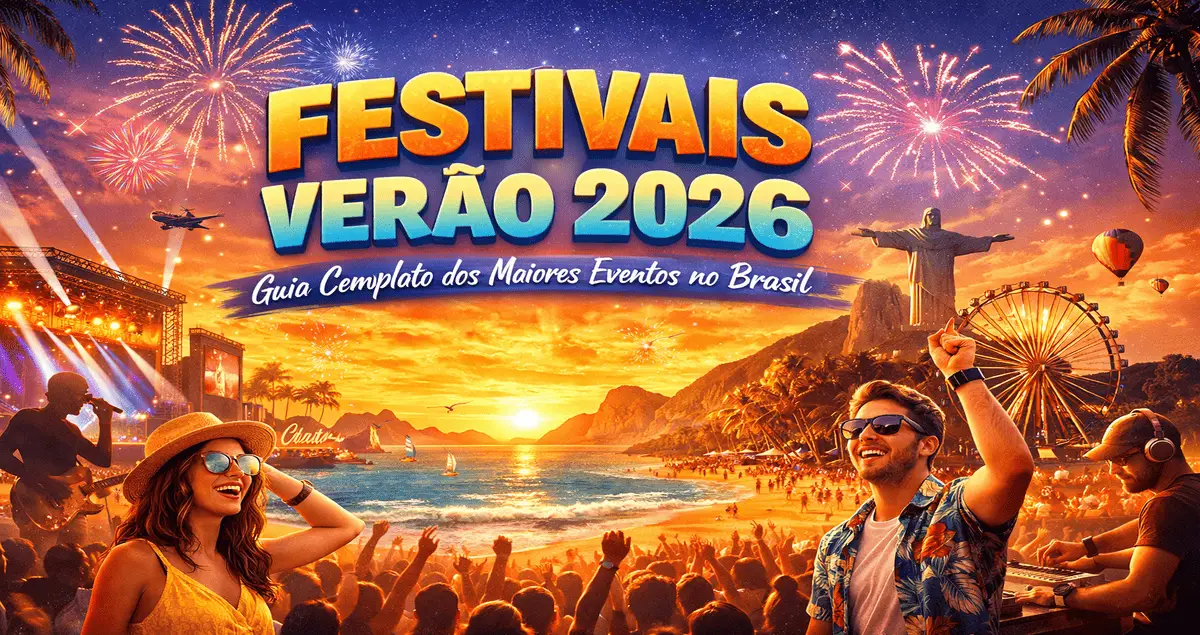 Imagem ilustrativa dos Festivais Verão 2026 no Brasil, com shows ao ar livre, público animado, palco iluminado, fogos de artifício e cenário de praia ao pôr do sol.