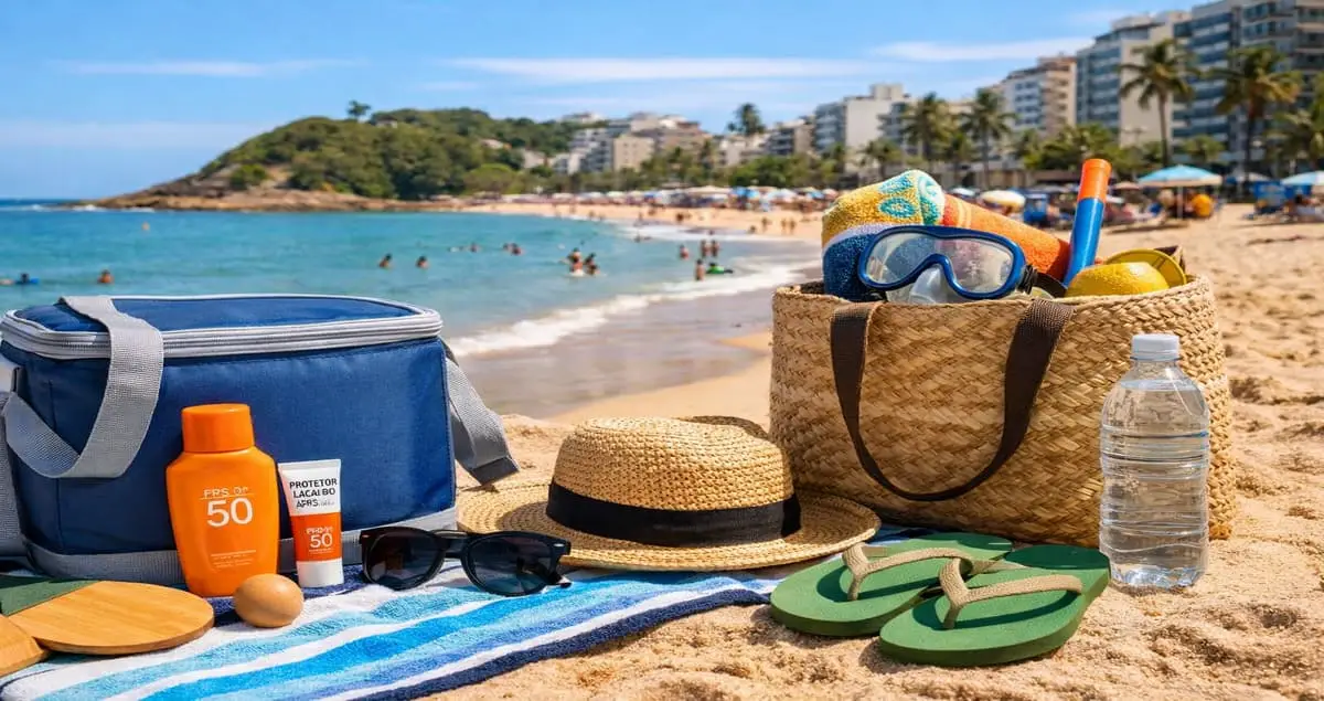 O que levar para praia em Guarapari: bolsa de praia com protetor solar, água, chapéu e itens essenciais à beira-mar