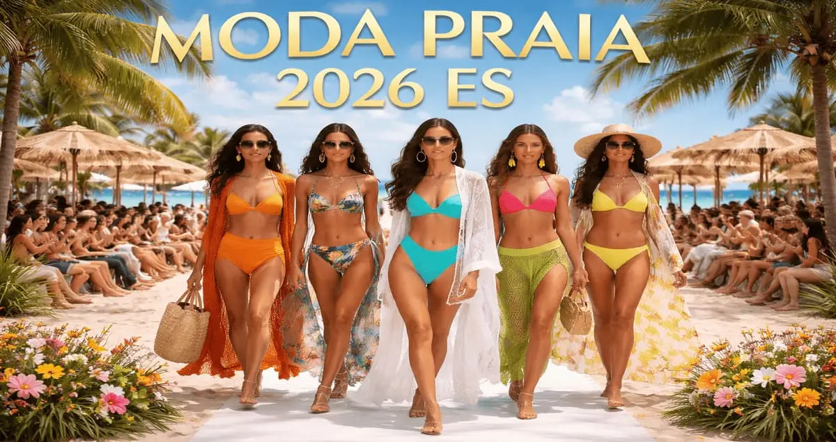 Modelos desfilam tendências da Moda Praia 2026 ES em passarela na areia, inspirando compras de biquínis e looks de verão