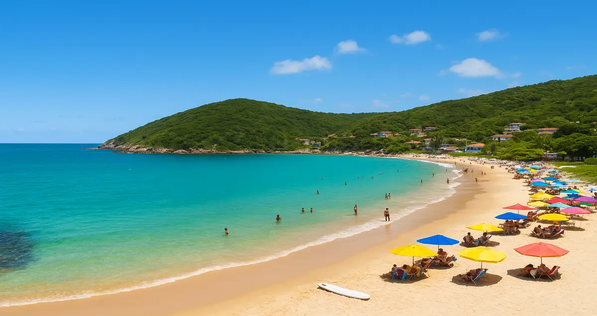 Vista deslumbrante da Praia do Peró em Cabo Frio, com águas cristalinas e céu azul, cercada por montanhas verdes e pedras, oferecendo um refúgio de tranquilidade e beleza natural.