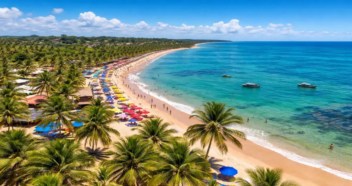 Praia de Porto Seguro, na Bahia, com mar azul-turquesa, coqueiros e faixa de areia movimentada em um dia ensolarado, um dos principais destinos turísticos do Brasil.