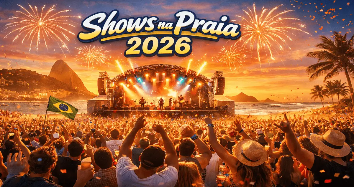 Shows na praia 2026 com grande palco à beira-mar, multidão animada, fogos de artifício e pôr do sol, simbolizando os principais eventos musicais do verão no litoral brasileiro.