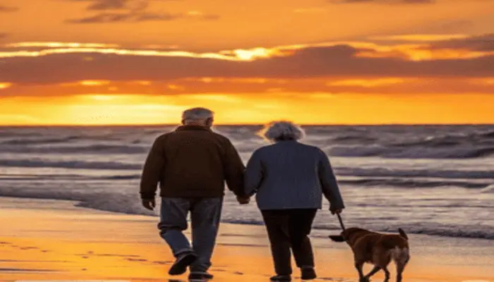 Casal de idosos caminhando de mãos dadas na praia ao pôr do sol, acompanhado de um cachorro, representando o estilo de vida de quem escolhe viver à beira-mar depois dos 50