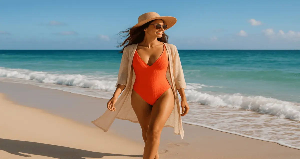 Mulher sorridente na praia usando moda praia elegante, representando estilo, bem-estar e lifestyle litorâneo em um cenário de verão, sol e liberdade à beira-mar.