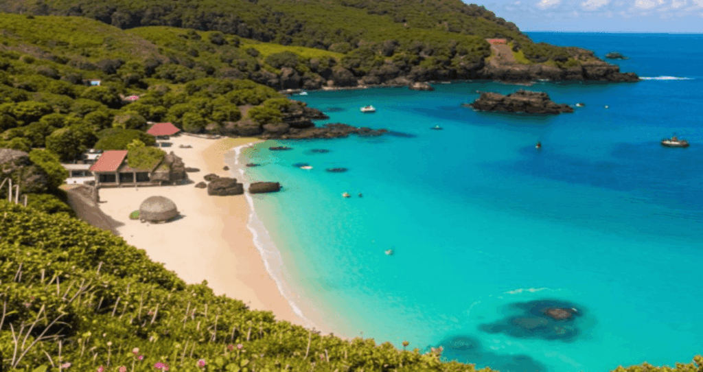 Vista aérea da Baía do Sancho, em Fernando de Noronha, mostrando o mar azul-turquesa cristalino, faixa de areia clara, vegetação densa ao redor e pequenas embarcações flutuando sobre as águas transparentes.