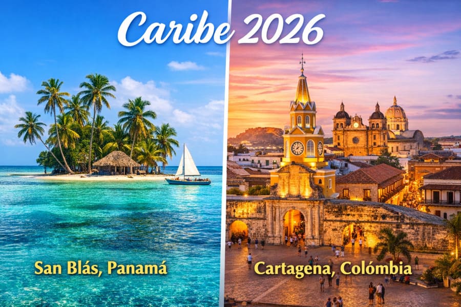 Caribe 2026 com contraste entre San Blás, no Panamá, com ilhas paradisíacas de águas cristalinas, e Cartagena, na Colômbia, com centro histórico iluminado ao entardecer.