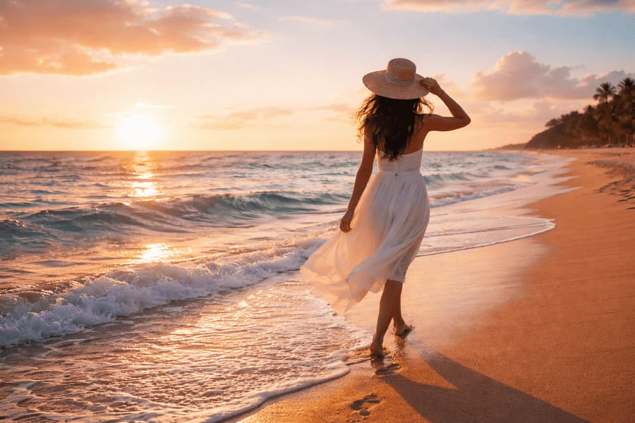 Uma menina caminha na praia ao entardecer sob o por do sol pensando Onde o Mar Mora em Mim