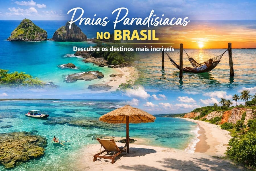 Praias paradisíacas no Brasil com mar azul-turquesa, areia branca e paisagens tropicais em Fernando de Noronha, Maragogi e litoral da Bahia.
