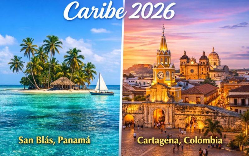 Caribe 2026 com contraste entre San Blás, no Panamá, com ilhas paradisíacas de águas cristalinas, e Cartagena, na Colômbia, com centro histórico iluminado ao entardecer.