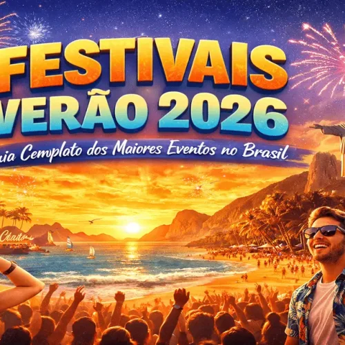 Imagem ilustrativa dos Festivais Verão 2026 no Brasil, com shows ao ar livre, público animado, palco iluminado, fogos de artifício e cenário de praia ao pôr do sol.