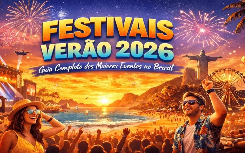 Imagem ilustrativa dos Festivais Verão 2026 no Brasil, com shows ao ar livre, público animado, palco iluminado, fogos de artifício e cenário de praia ao pôr do sol.
