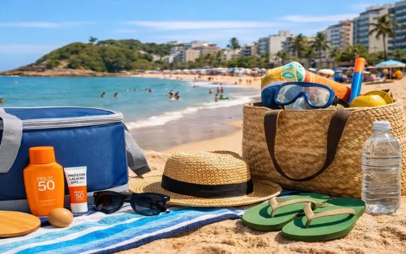 O que levar para praia em Guarapari: bolsa de praia com protetor solar, água, chapéu e itens essenciais à beira-mar