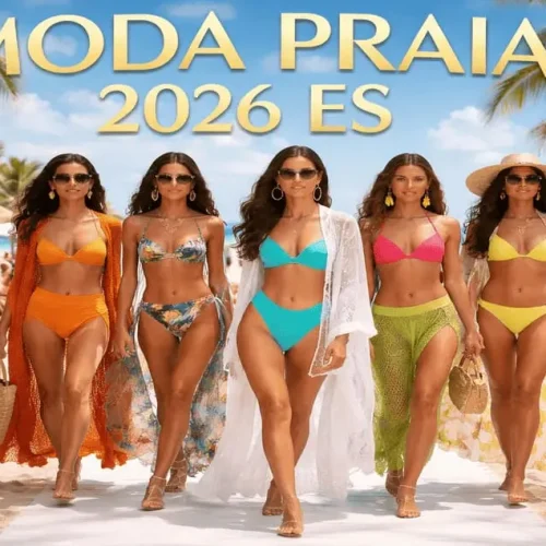 Modelos desfilam tendências da Moda Praia 2026 ES em passarela na areia, inspirando compras de biquínis e looks de verão