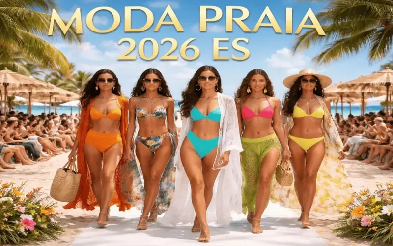 Modelos desfilam tendências da Moda Praia 2026 ES em passarela na areia, inspirando compras de biquínis e looks de verão