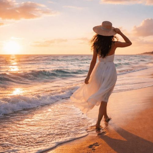 Uma menina caminha na praia ao entardecer sob o por do sol pensando Onde o Mar Mora em Mim