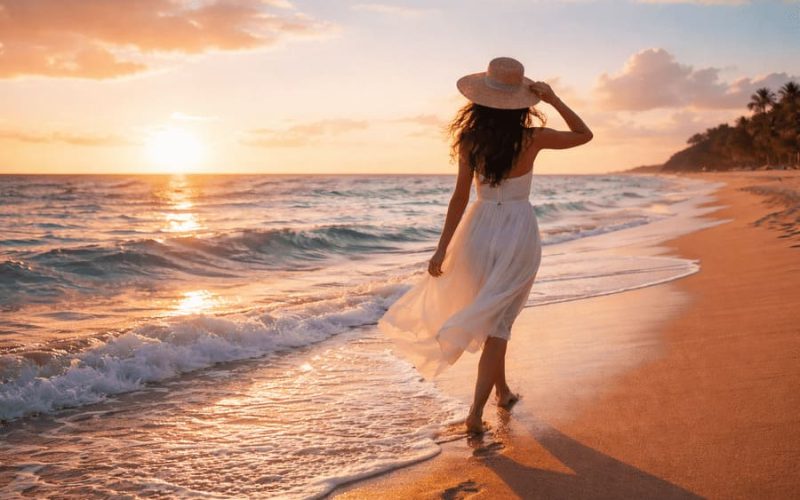 Uma menina caminha na praia ao entardecer sob o por do sol pensando Onde o Mar Mora em Mim