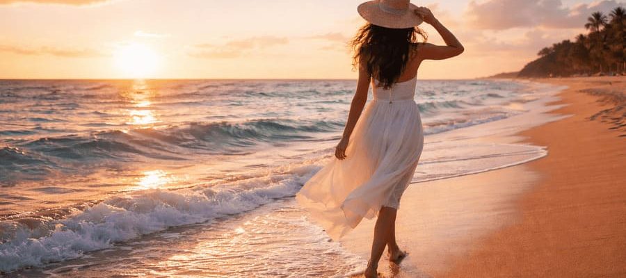Uma menina caminha na praia ao entardecer sob o por do sol pensando Onde o Mar Mora em Mim