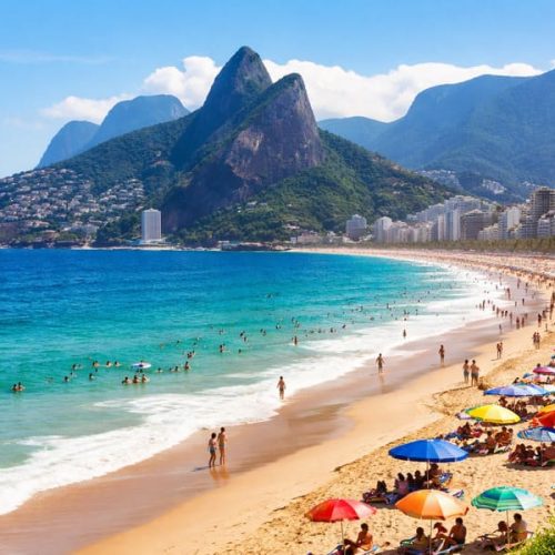 Vista de praia do Rio de Janeiro com mar azul e faixa de areia cheia de banhistas, destino ideal para quem busca praia barata e passagem para o Rio de Janeiro.