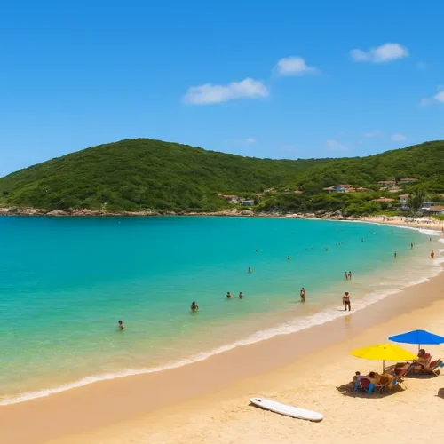 Vista deslumbrante da Praia do Peró em Cabo Frio, com águas cristalinas e céu azul, cercada por montanhas verdes e pedras, oferecendo um refúgio de tranquilidade e beleza natural.