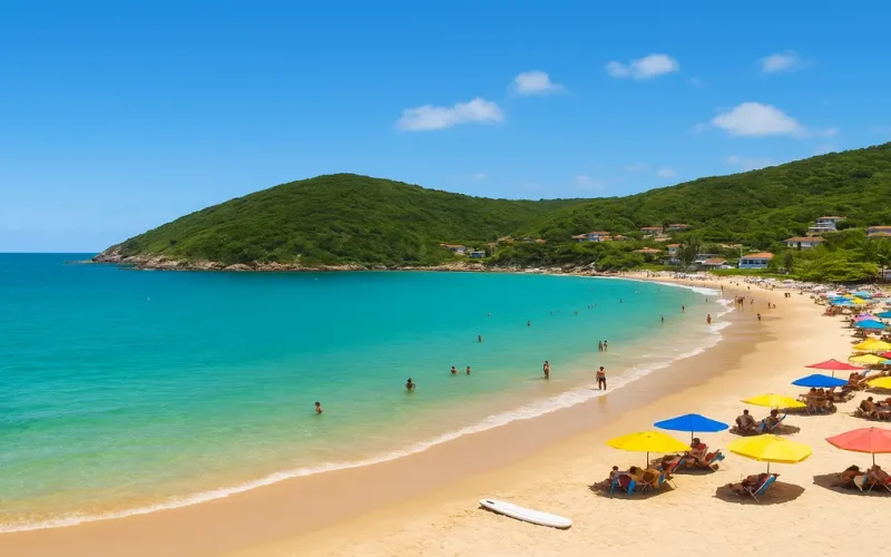 Vista deslumbrante da Praia do Peró em Cabo Frio, com águas cristalinas e céu azul, cercada por montanhas verdes e pedras, oferecendo um refúgio de tranquilidade e beleza natural.