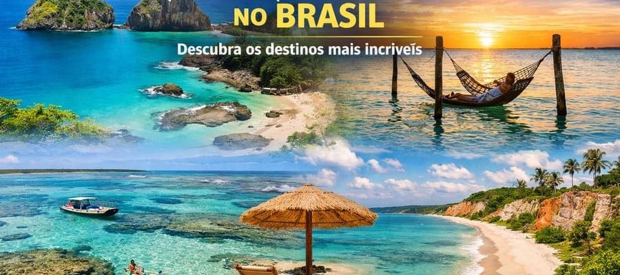 Praias paradisíacas no Brasil com mar azul-turquesa, areia branca e paisagens tropicais em Fernando de Noronha, Maragogi e litoral da Bahia.