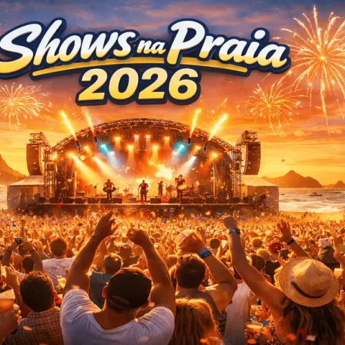 Shows na praia 2026 com grande palco à beira-mar, multidão animada, fogos de artifício e pôr do sol, simbolizando os principais eventos musicais do verão no litoral brasileiro.