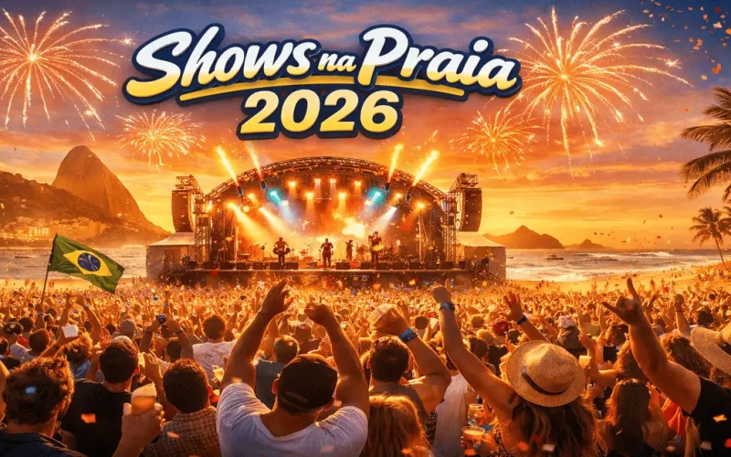 Shows na praia 2026 com grande palco à beira-mar, multidão animada, fogos de artifício e pôr do sol, simbolizando os principais eventos musicais do verão no litoral brasileiro.