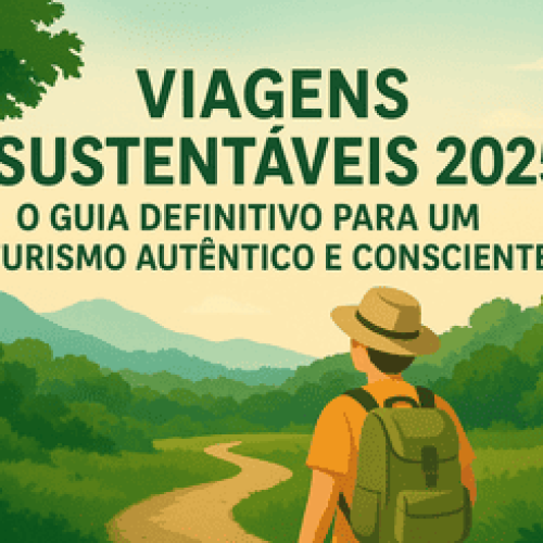 Ilustração de um viajante com mochila e chapéu caminhando por uma trilha em meio à natureza, com montanhas ao fundo e árvores ao redor, representando o tema Viagens Sustentáveis 2025