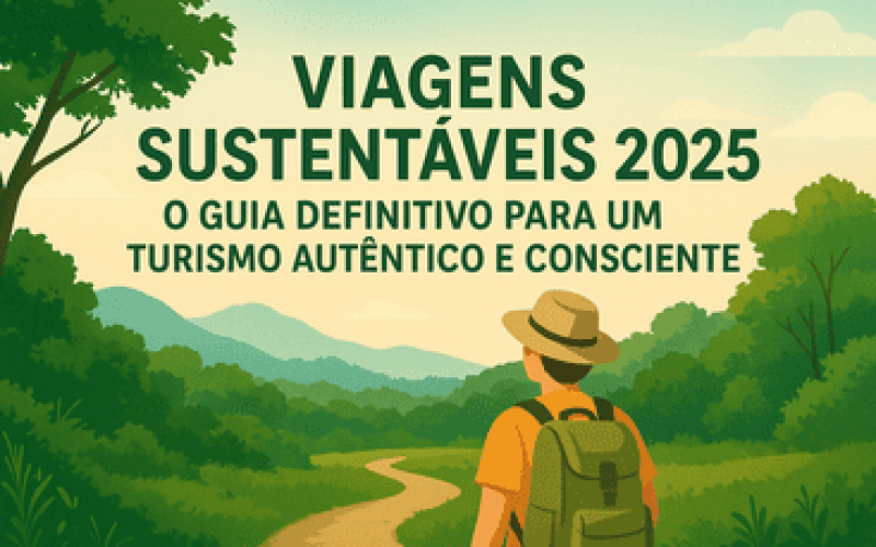 Ilustração de um viajante com mochila e chapéu caminhando por uma trilha em meio à natureza, com montanhas ao fundo e árvores ao redor, representando o tema Viagens Sustentáveis 2025