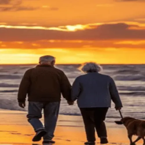 Casal de idosos caminhando de mãos dadas na praia ao pôr do sol, acompanhado de um cachorro, representando o estilo de vida de quem escolhe viver à beira-mar depois dos 50