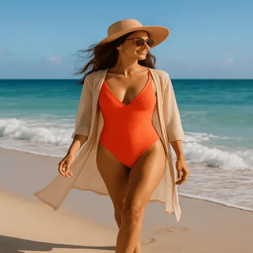 Mulher sorridente na praia usando moda praia elegante, representando estilo, bem-estar e lifestyle litorâneo em um cenário de verão, sol e liberdade à beira-mar.