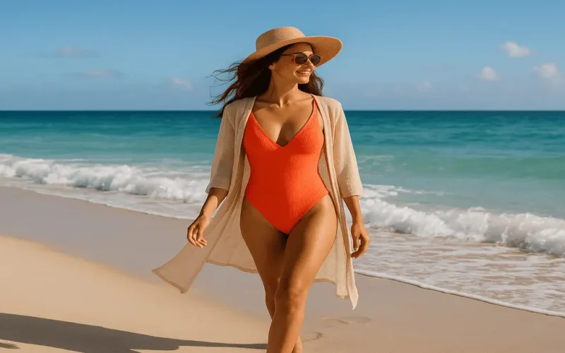 Mulher sorridente na praia usando moda praia elegante, representando estilo, bem-estar e lifestyle litorâneo em um cenário de verão, sol e liberdade à beira-mar.
