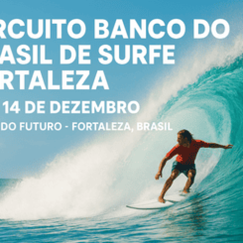 imagem em formato paisagem mostrando um surfista dentro de um tubo de onda azul na Praia do Futuro, em Fortaleza. No canto esquerdo, aparece o texto promocional do evento 