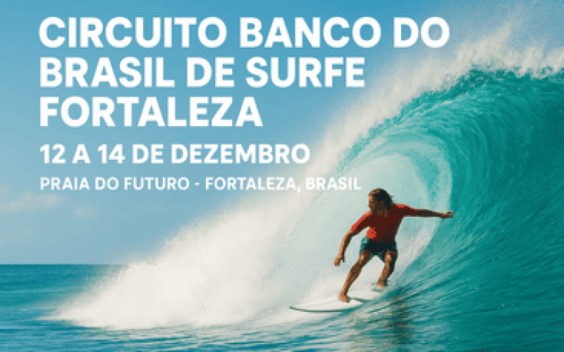 imagem em formato paisagem mostrando um surfista dentro de um tubo de onda azul na Praia do Futuro, em Fortaleza. No canto esquerdo, aparece o texto promocional do evento 